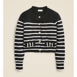NWT J.Crew Cashmere Fringe-trim Sweater Lady Jacket in Black Ivory Stripe XXL